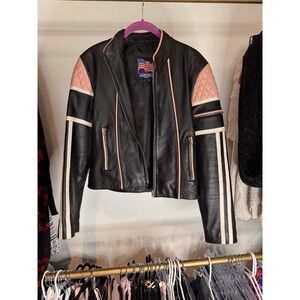 Leather Jacket Women's By Leather‎ Usa Black Pink White Stripe Vintage Size M